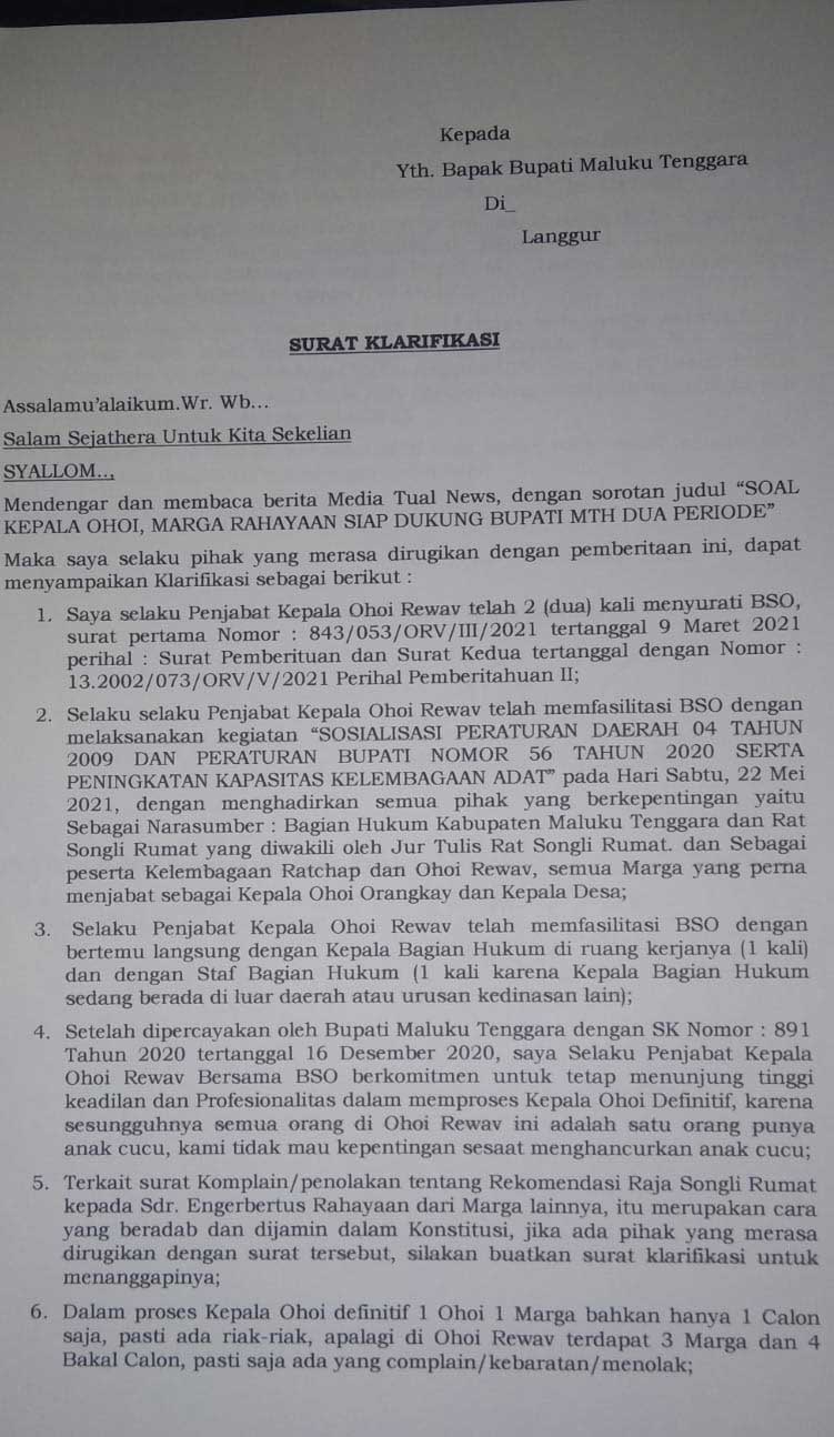 Surat klarifikasi pejabat kepala ohoi revav