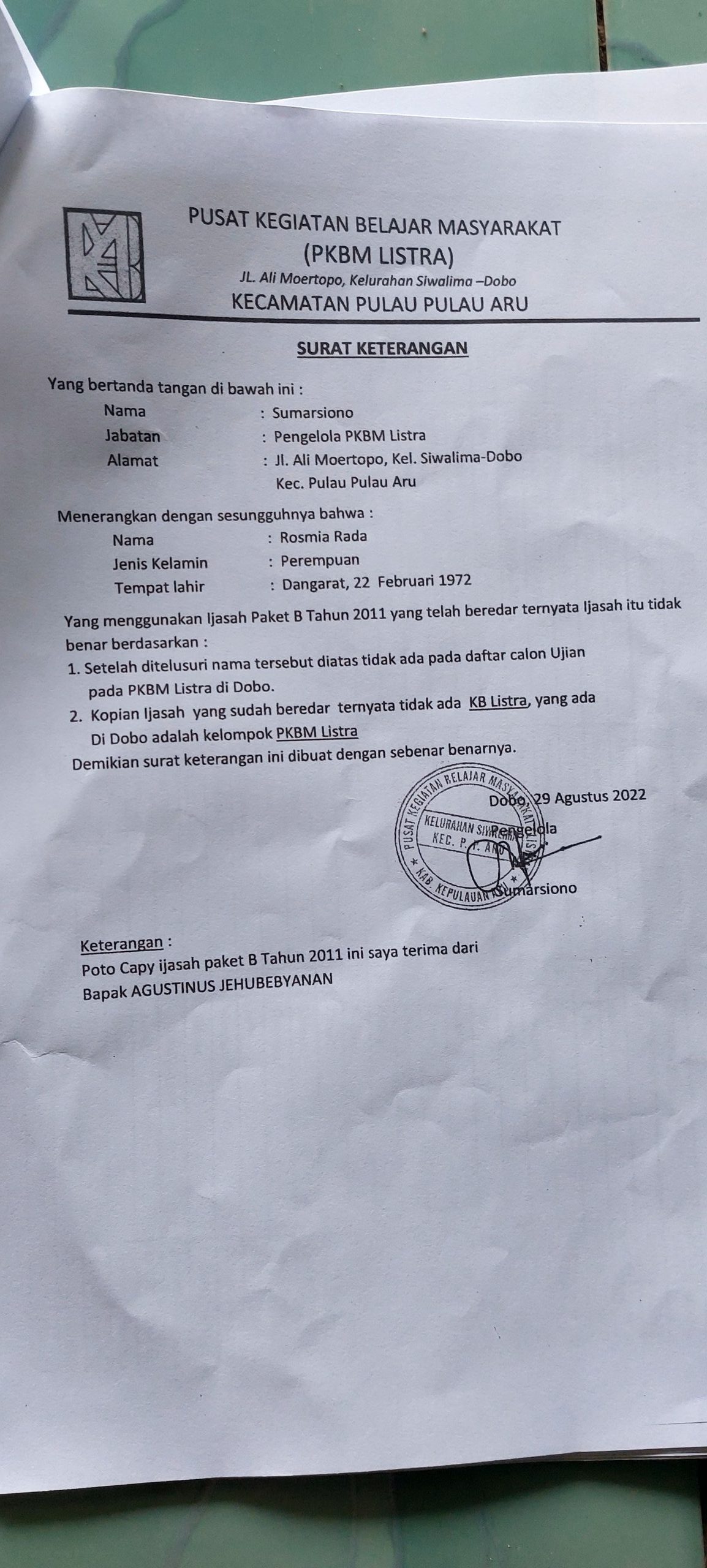 Ini surat keterangan ketua pkbm listra dobo