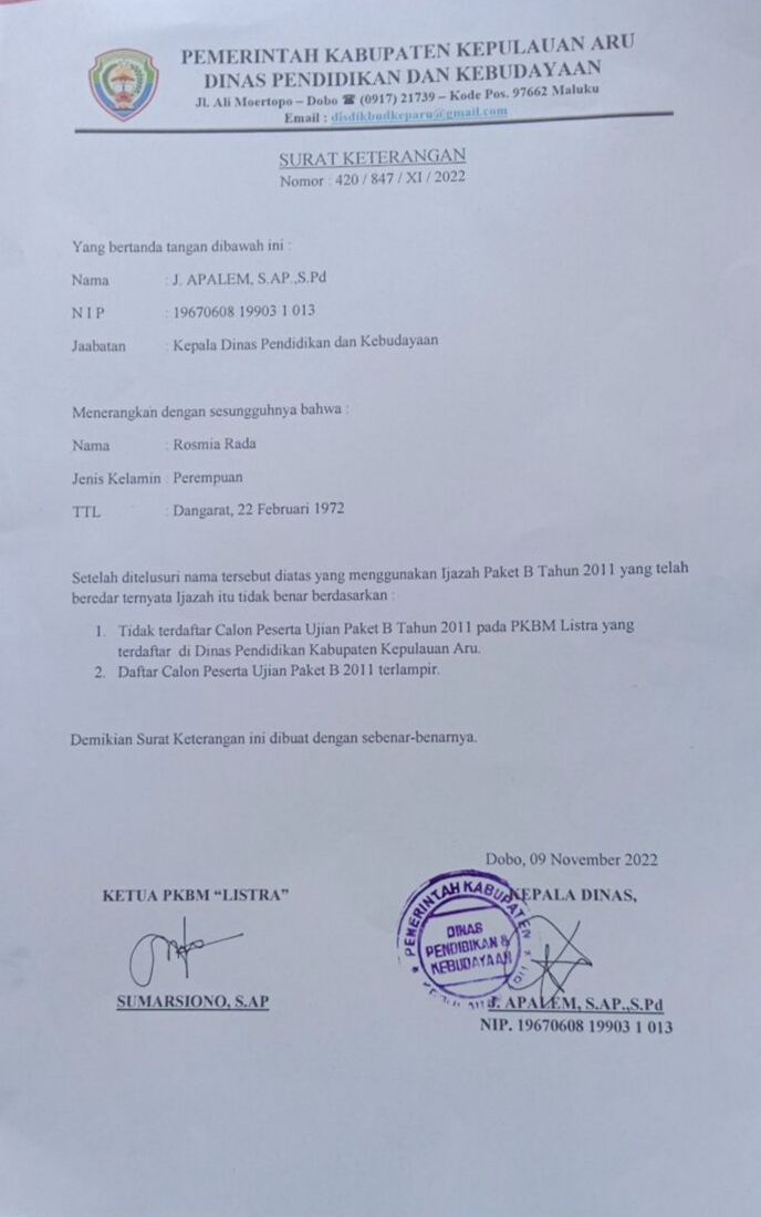 Ini bukti surat dinas pendidikan dan kebudayaan kabupaten kepulauan aru