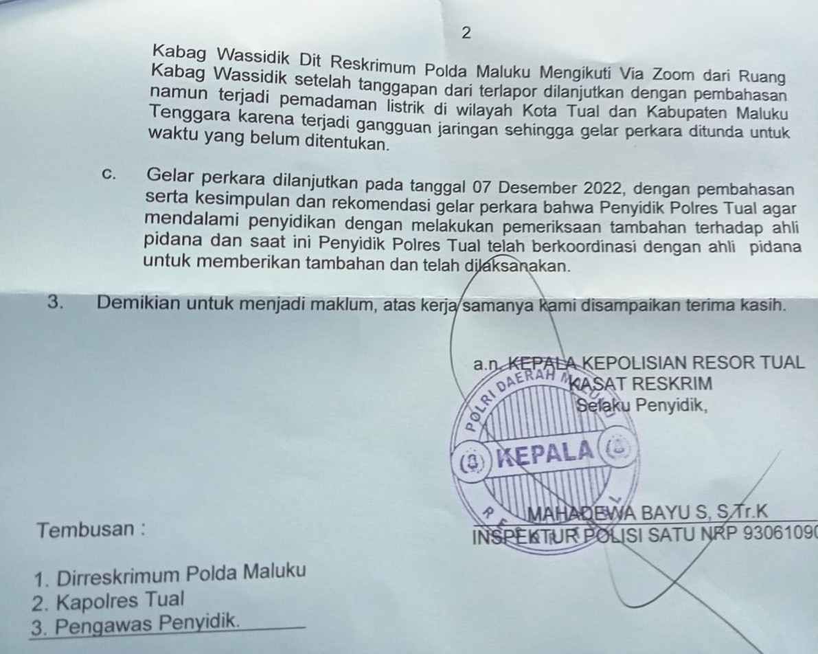 Ini bukti surat sp2hp reskrim polres tual