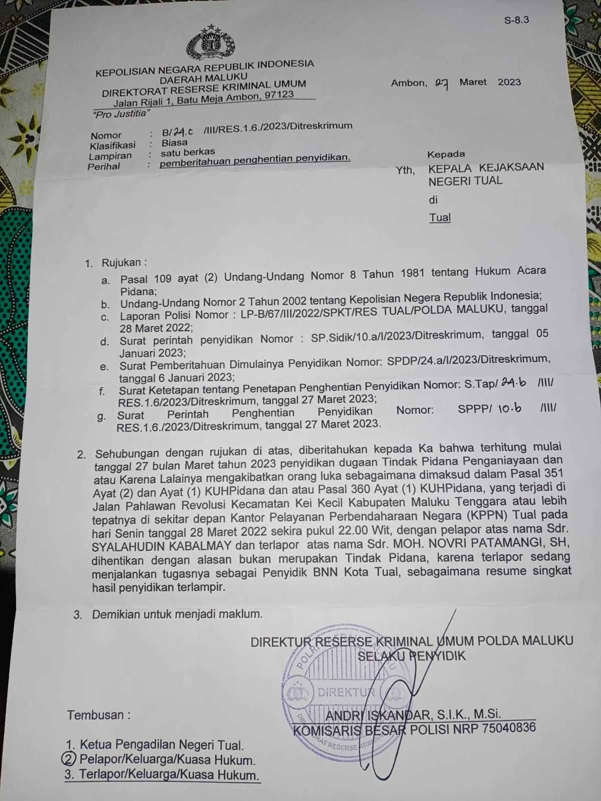 Ini bukti satu lembar sp3 polda maluku dalam kasus penembakan di kota tual, diterima pelapor syahlahudin kabalmay, kamis 30 maret 2023, pukul 14. 28 wit