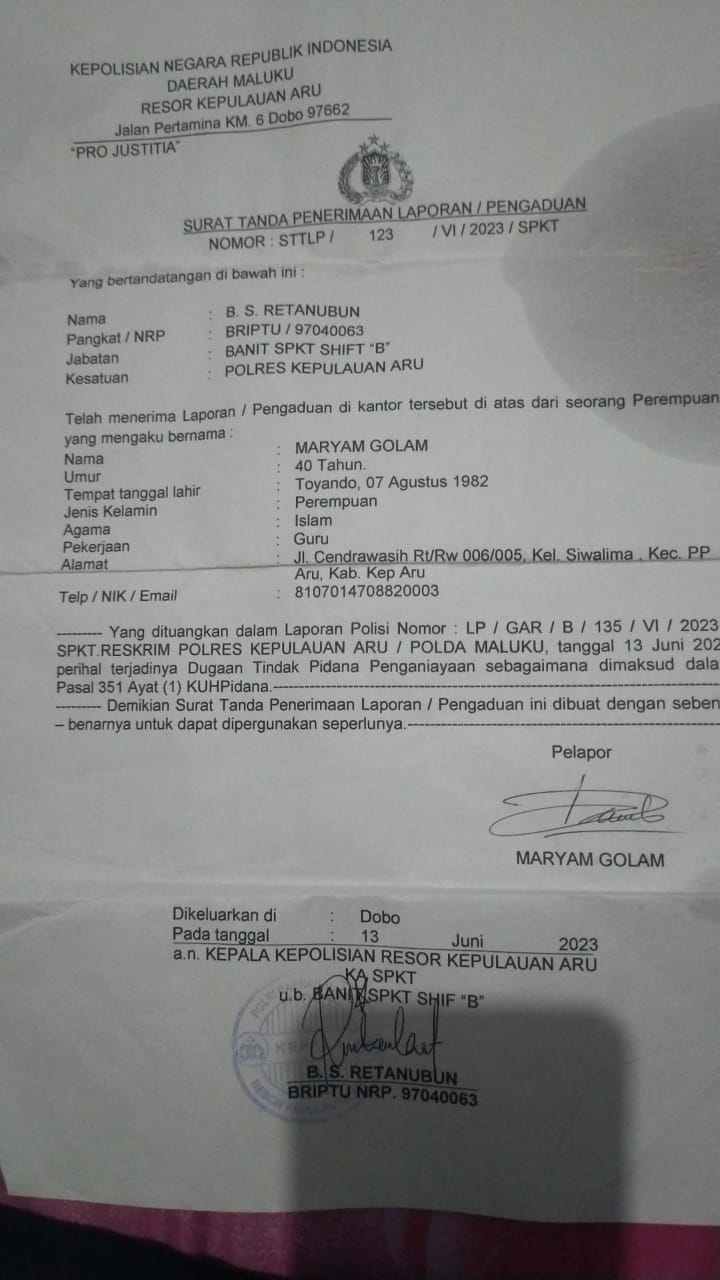 Ini laporan polisi yang dibuat korban mg di polres aru tanggal 13 juni 2023