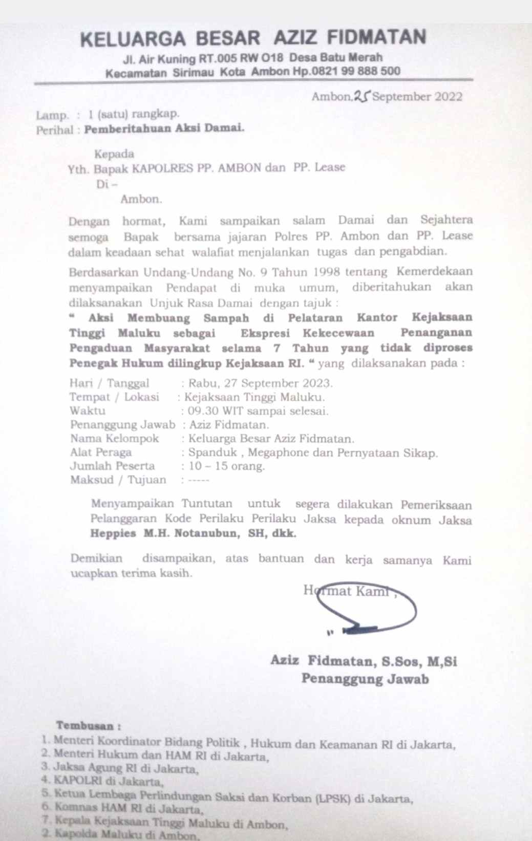 Ini bukti surat pemberitahuan aksi demonstrasi keluarga aziz fidmatan di kantor kejaksaan tinggi maluku