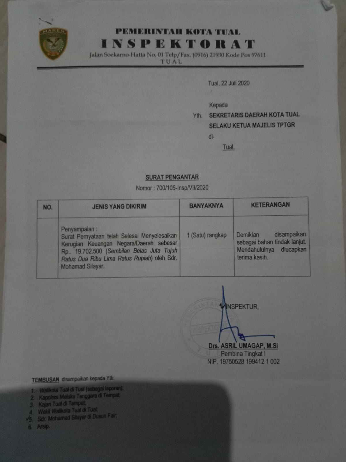 Ini bukti surat kepala inspektur kota tual