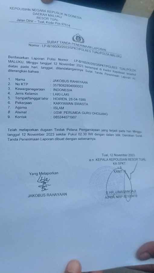 Ini bukti laporan polisi keluarga korban asal sbt di polres tual, minggu 12 november 2023